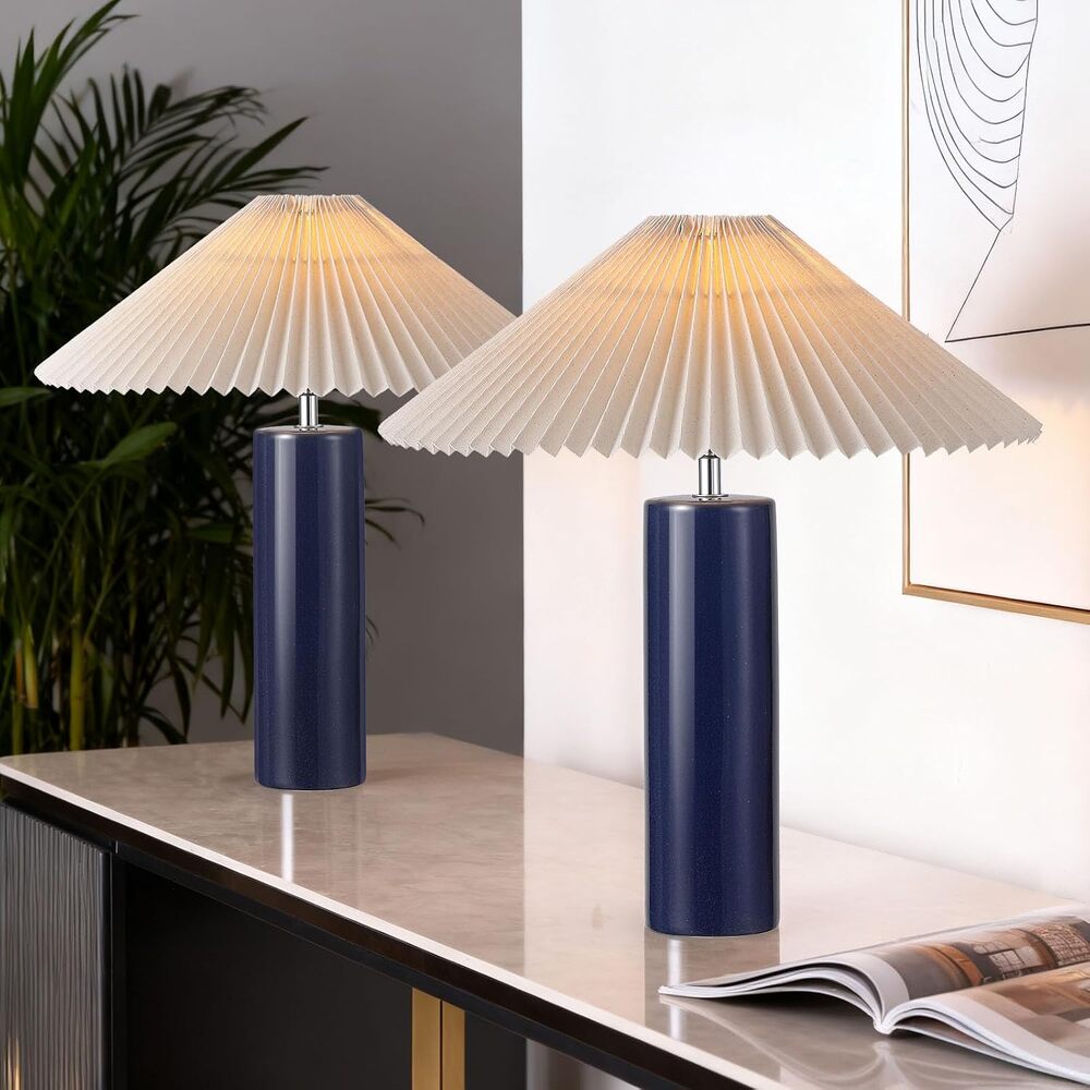 OEYYOYB Ceramic Table Lamps Set of 2 Adjustable Shade Bedside Lamps Blue E26